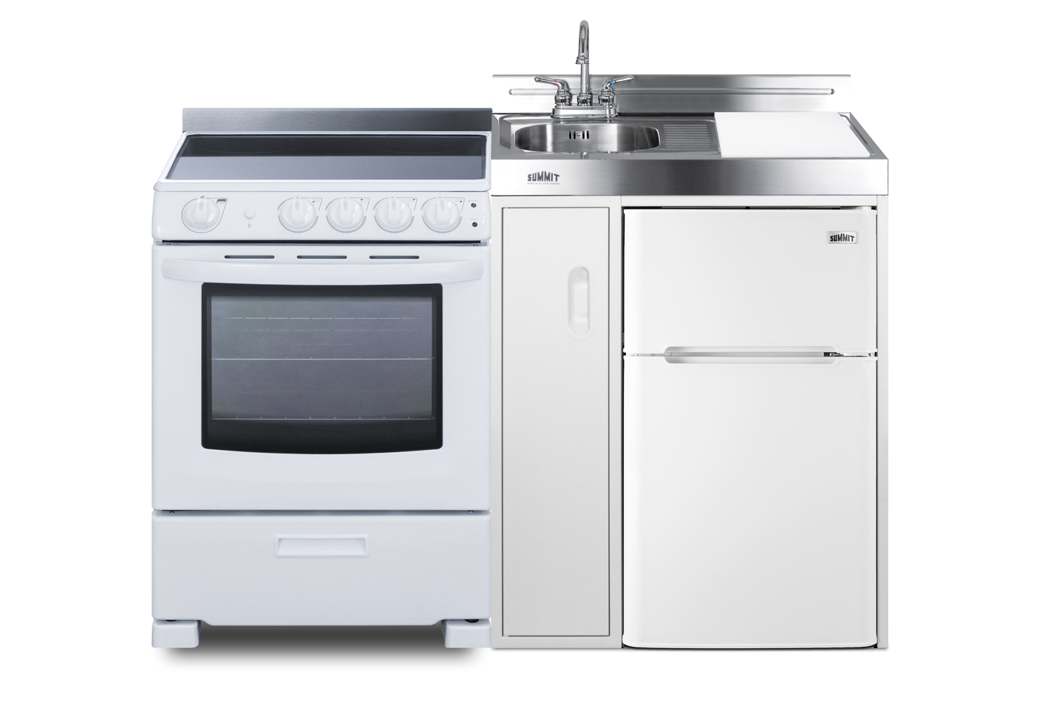 54 inch wide all-in-one kitchenette with 4-burner 220V smooth-top electric range, refrigerator-freezer, sink, cutting board and cutlery storage, and a storage cabinet